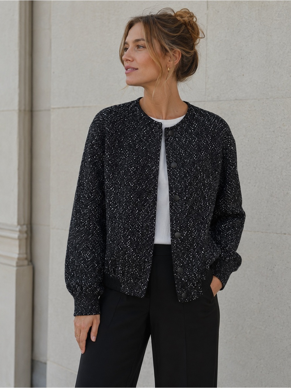 NWOT SPANX Black Herringbone Ponte Knit Bomber Jacket XL